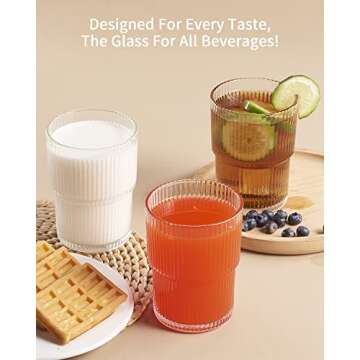 BJMEDYM Ribbed Glassesware 14 Oz Ripple Drinking Glasses Iced Coffee Glasses Glass Cup Set Of 6 Vintage Drinking Glasses Water Glasses Fluted Glassware Cocktail Glass Cute Glass Cups