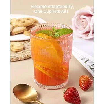 BJMEDYM Ribbed Glassesware 14 Oz Ripple Drinking Glasses Iced Coffee Glasses Glass Cup Set Of 6 Vintage Drinking Glasses Water Glasses Fluted Glassware Cocktail Glass Cute Glass Cups