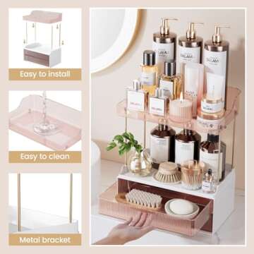 Delamu Bathroom Organizers and Storage, 2-Tier 2-Drawer Makeup Organizer Countertop, Easy to Install, Ideal for Bathroom Storage, Vanity, Large Skincare, Perfume, Present, and More, Grapefruit