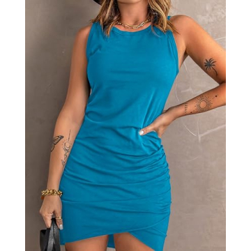 BTFBM Women's Summer Sleeveless Ruched Bodycon Dress