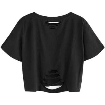 Avanova Women Floral Graphic Distressed Crop Top Oversized Short Sleeve Ripped Tee Shirt Black Flower X-Large