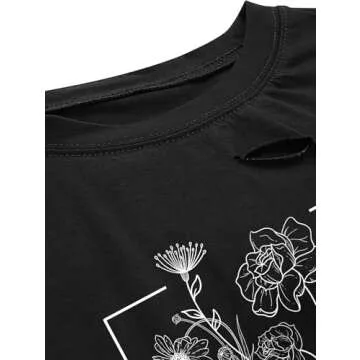 Avanova Women Floral Graphic Distressed Crop Top Oversized Short Sleeve Ripped Tee Shirt Black Flower X-Large