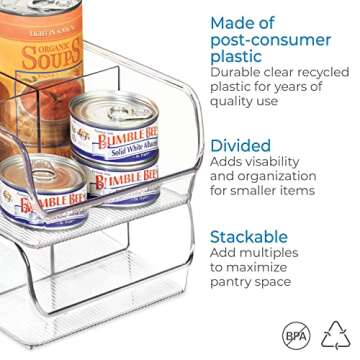 iDesign Linus Plastic Fridge and Freezer Divided Storage Organizer Bin, Container for Food, Drinks, Snacks, Produce Organization, 11" x 7" x 3.5", Clear