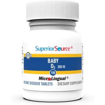 Superior Source Baby Vitamin D3 200 IU, Quick Dissolve Tablets, 100 Count, Promotes Strong Bones and Teeth, Immune Support, Healthy Muscle Function, Non-GMO