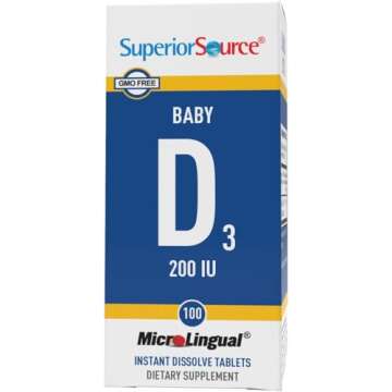 Superior Source Baby Vitamin D3 200 IU, Quick Dissolve Tablets, 100 Count, Promotes Strong Bones and Teeth, Immune Support, Healthy Muscle Function, Non-GMO