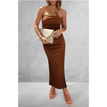 PRETTYGARDEN Women's Summer Bodycon Maxi Tube Dress Ribbed Strapless Side Slit Long Going Out Casual Elegant Party Dresses (Brown,X-Small)