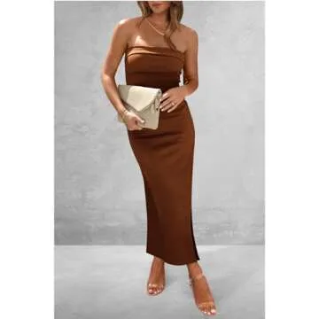 PRETTYGARDEN Women's Summer Bodycon Maxi Tube Dress Ribbed Strapless Side Slit Long Going Out Casual Elegant Party Dresses (Brown,X-Small)
