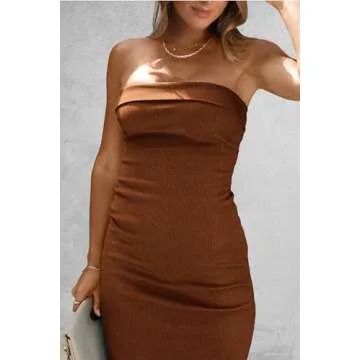 PRETTYGARDEN Women's Summer Bodycon Maxi Tube Dress Ribbed Strapless Side Slit Long Going Out Casual Elegant Party Dresses (Brown,X-Small)