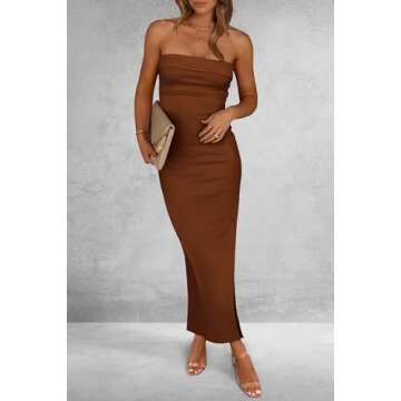PRETTYGARDEN Women's Summer Bodycon Maxi Tube Dress Ribbed Strapless Side Slit Long Going Out Casual Elegant Party Dresses (Brown,X-Small)