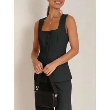 Tankaneo Women's Single Breasted Vests Square Neck Sleeveless Slim Fitted Work Office Waistcoats
