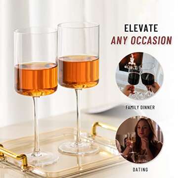 RAVNDOX Square Wine Glasses, Square White or Red Wine Glasses Set of 4, 11 Ounce Hand Blown Edge - Modern Flat Bottom - Unique for Wedding, Christmas, Birthday, Anniversary…