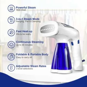 Tekola 1600W Travel Garment Steamer for Quick Wrinkles Removal