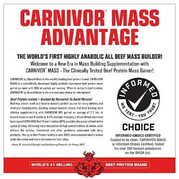 MuscleMeds CARNIVOR Mass Gainer Beef Protein Isolate Shake, 50 Grams Protein, 125 Grams Carbs, 0 Fat, 0 Sugar, Lactose Free, Halal Certified, Chocolate Peanut Butter, 6 Pound