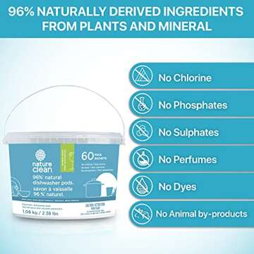 NATURE CLEAN Natural Dishwasher Detergent Pods + Dishwasher Rinse Aid Liquid Set. Plant-Based High-P...