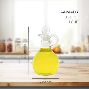 Cornucopia Brands Glass Oil and Vinegar Cruets (Set of 2); 8oz Round Oil Dispensers / Salad Dressing Bottles with Stoppers