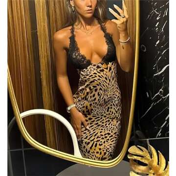 OCUH Y2K Leopard Printed Maxi Dress Backless Skinny Spaghetti Strap Lace-up Slim Vintage (B-Leopard,M,Medium)