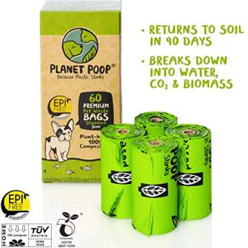 PLANET POOP Home Compostable Dog Poop Bags on Refill Rolls, 60 Un-Scented Pet Waste Bags, Thick Leak...