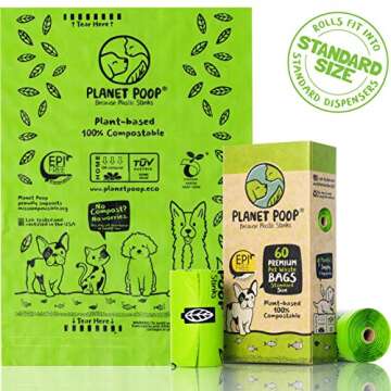 PLANET POOP Home Compostable Dog Poop Bags on Refill Rolls, 60 Un-Scented Pet Waste Bags, Thick Leakproof Plant-Based Doggy Bag, Cat & Dogs Supplies