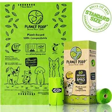 PLANET POOP Home Compostable Dog Poop Bags on Refill Rolls, 60 Un-Scented Pet Waste Bags, Thick Leakproof Plant-Based Doggy Bag, Cat & Dogs Supplies