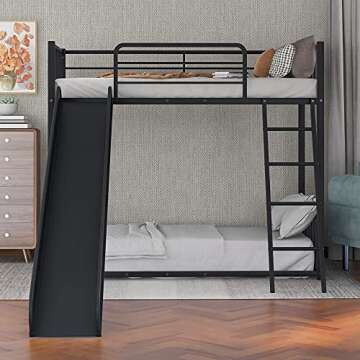 Harper & Bright Designs Twin Over Twin Metal Bunk Bed with Ladder and Slide, Heavy Duty Bed Frame with Safety Guard Rails, Black