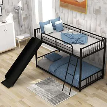 Harper & Bright Designs Twin Over Twin Metal Bunk Bed with Ladder and Slide, Heavy Duty Bed Frame with Safety Guard Rails, Black
