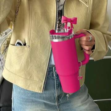 Compatible with Stanley Cup Accessories - 3Pcs 10mm Bow Straw Topper Compatible with Stanley Cup Straw Cover Cap, 2pcs Rose Red Bow Charms for Stanley 30&40 Oz Tumbler with Handle