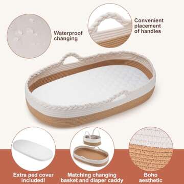 Baby Changing Basket by The Baby Wey, Moses Basket, Foam Basket Pad, 2 Washable Waterproof Pad Cover...