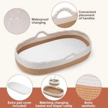 Baby Changing Basket by The Baby Wey, Moses Basket, Foam Basket Pad, 2 Washable Waterproof Pad Cover...