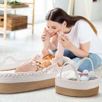 Baby Changing Basket by The Baby Wey, Moses Basket, Foam Basket Pad, 2 Washable Waterproof Pad Covers, Matching Diaper Caddy, Cloth Tote Bag for Traveling, Portable Changing Pad