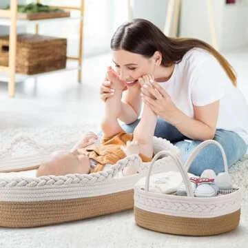 Baby Changing Basket by The Baby Wey, Moses Basket, Foam Basket Pad, 2 Washable Waterproof Pad Covers, Matching Diaper Caddy, Cloth Tote Bag for Traveling, Portable Changing Pad