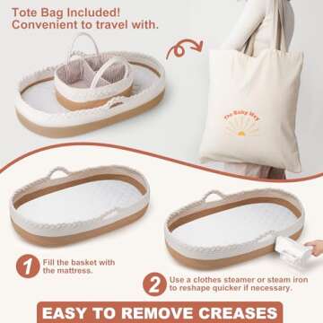 Baby Changing Basket by The Baby Wey, Moses Basket, Foam Basket Pad, 2 Washable Waterproof Pad Covers, Matching Diaper Caddy, Cloth Tote Bag for Traveling, Portable Changing Pad