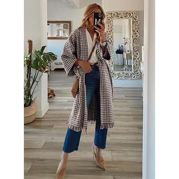 miduo Womens Coats Fashion Winter Long Sleeve Open Front Oversized Plaid Long Cardigans Coats JACKET...