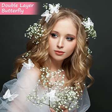 CHENGU 40 Pcs Butterfly Lace Trim Double Layers Organza Butterfly Fabric Embroidery Patches Wedding Bridal Dress Embroidered Appliques for Sewing Craft DIY Clothes Hair Accessories Party