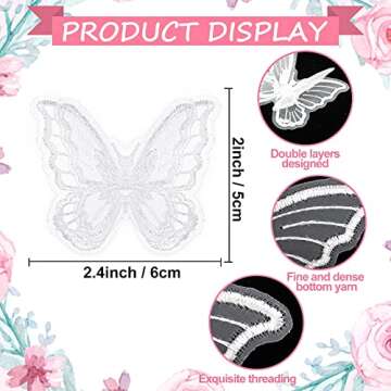 CHENGU 40 Pcs Butterfly Lace Trim Double Layers Organza Butterfly Fabric Embroidery Patches Wedding Bridal Dress Embroidered Appliques for Sewing Craft DIY Clothes Hair Accessories Party
