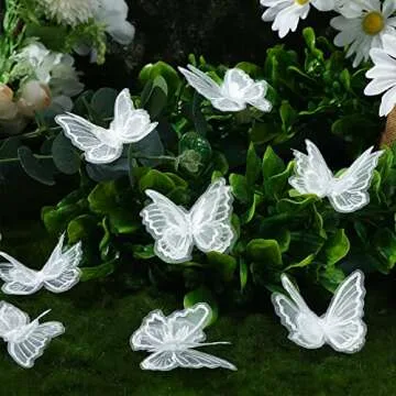 CHENGU 40 Pcs Butterfly Lace Trim Double Layers Organza Butterfly Fabric Embroidery Patches Wedding Bridal Dress Embroidered Appliques for Sewing Craft DIY Clothes Hair Accessories Party