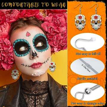 Colorful 12 Pairs Day Of The Dead Skull Earrings