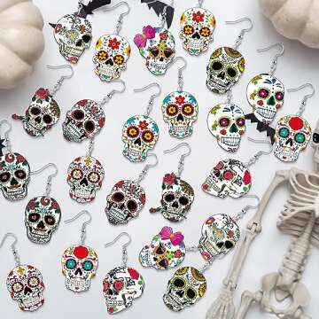 Colorful 12 Pairs Day Of The Dead Skull Earrings