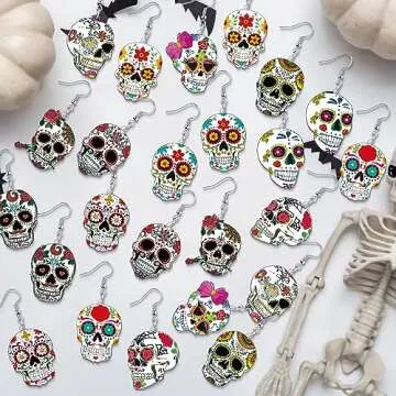 Colorful 12 Pairs Day Of The Dead Skull Earrings