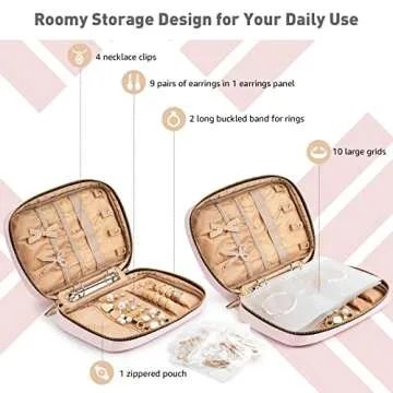 Allinbag Travel Jewelry Organizer Case Bag, Transparent Jewelry Storage Book Organizer with 5 Large See-through Pages and 10 Grids Pockets Sets for Necklaces, Earrings, Rings, Bracelets, Pink