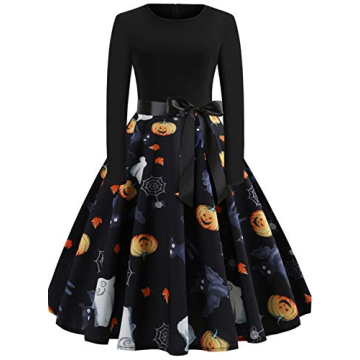 GreaSmart Women's Halloween Cocktail Swing Dress | Skeleton & Pumpkin Print Cosplay Costume