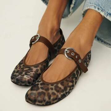 Moyilishan Mesh Leopard Print Ballet Flats for Women Bow Tie Mary Jane Flats Round Toe Comfortable C...