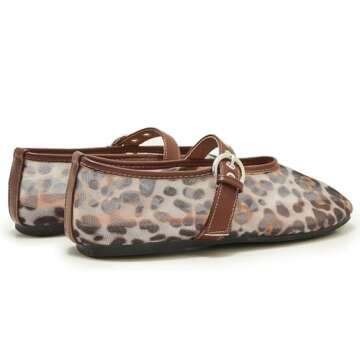 Moyilishan Mesh Leopard Print Ballet Flats for Women Bow Tie Mary Jane Flats Round Toe Comfortable Casual Ballerina Shoes