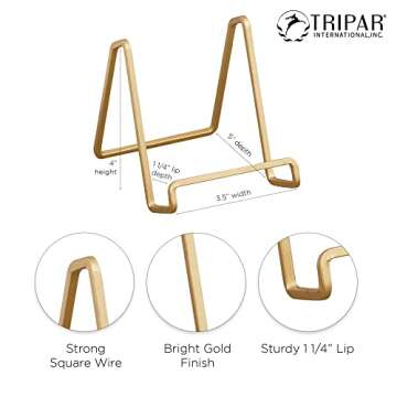 Tripar 2 Pack 4-Inch Metal Gold Painted Square Book Holder/Stand, Wire Mini Easel, Small Photo Stands for Table, Display for Picture Frames, Plaques & Plates