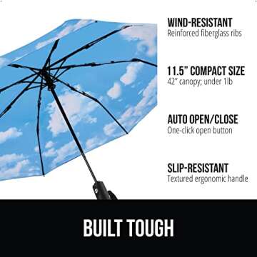 Gorilla Grip Windproof Compact Stick Umbrella for Rain, One-Click Automatic Open and Close, Strong R...