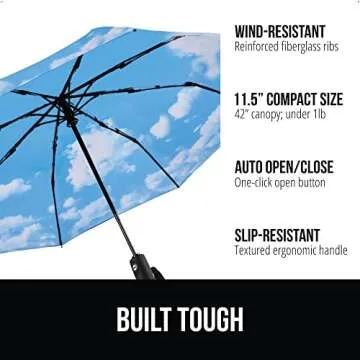 Gorilla Grip Windproof Compact Stick Umbrella for Rain, One-Click Automatic Open and Close, Strong R...