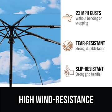 Gorilla Grip Windproof Compact Stick Umbrella for Rain, One-Click Automatic Open and Close, Strong Reinforced Fiberglass Ribs, Easily Collapsible, Lightweight Portable Umbrellas for Travel, Sky Blue