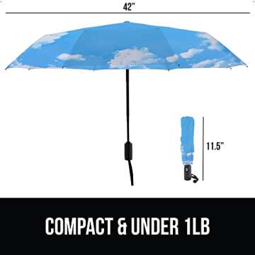 Gorilla Grip Windproof Compact Stick Umbrella for Rain, One-Click Automatic Open and Close, Strong Reinforced Fiberglass Ribs, Easily Collapsible, Lightweight Portable Umbrellas for Travel, Sky Blue