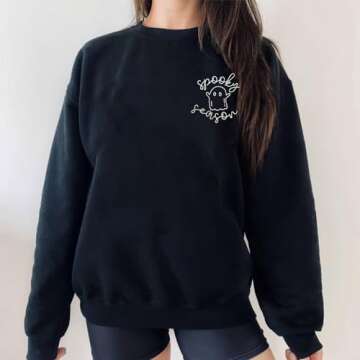 FISCRAT Halloween Spooky Season Oversized Sweatshirt Women Cute Ghost Sweatshirts Fall Embroidered Sweater Pullover Top Black