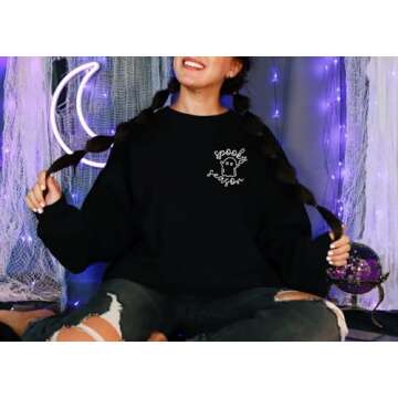 FISCRAT Halloween Spooky Season Oversized Sweatshirt Women Cute Ghost Sweatshirts Fall Embroidered Sweater Pullover Top Black