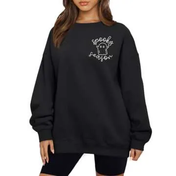 FISCRAT Halloween Spooky Season Oversized Sweatshirt Women Cute Ghost Sweatshirts Fall Embroidered Sweater Pullover Top Black